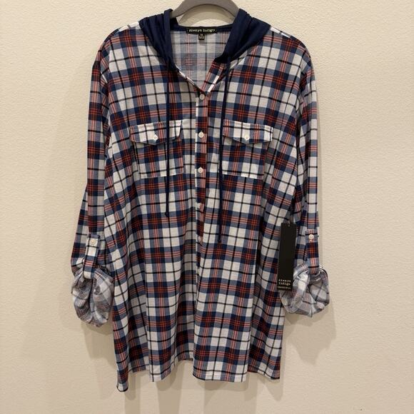 NWT Always Indigo Women’s Top Button Up Plus Size 3X Red Blue Plaid Flannel Look - Picture 1 of 11